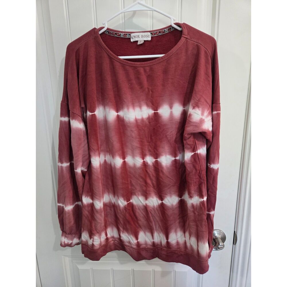 Knox Rose Women’s Large Tie Dye Long Sleeve Top Burgundy White Boho Pullover